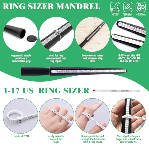 Yauhar 14Pcs Jewelry Making Tool Set Contains Flat Nose Jewelry Pliers, V-Slot Bench Pin Clamp, Wood Ring Mandrel Shaper, Rings Size Measuring Tools, Mallet Hammer, Steel Ring Sizing Gauge Sizers