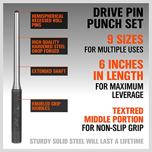HORUSDY 9 Pieces Roll Pin Punch Set, Removing Repair Tool with Holder for Automotive, Watch Repair, Jewelry and Craft - size: 9 Pieces Roll Pin Punch Set