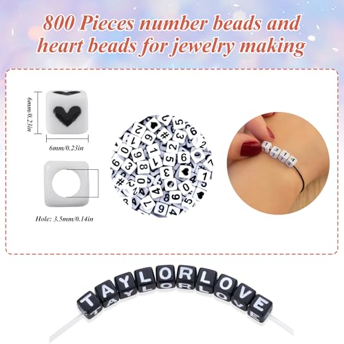 800Pcs Square Number and Heart Beads, 6X6mm White and Black Acrylic Beads for Friendship Bracelets Making - color: Black Number White Beads