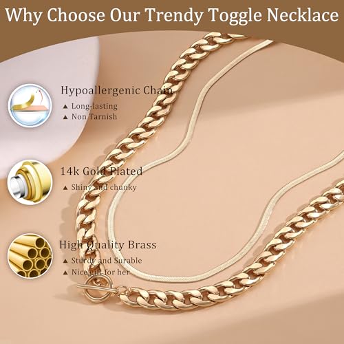 CHESKY 14K Gold Plated Chunky Necklace for Women, Trendy Paperclip Chain Necklace Thick Cross Heart Pendant Necklace Layered Herringbone Cuban Link Chain Toggle Necklaces Non Tarnish Jewelry - color: gold, style: cuban+herringbone