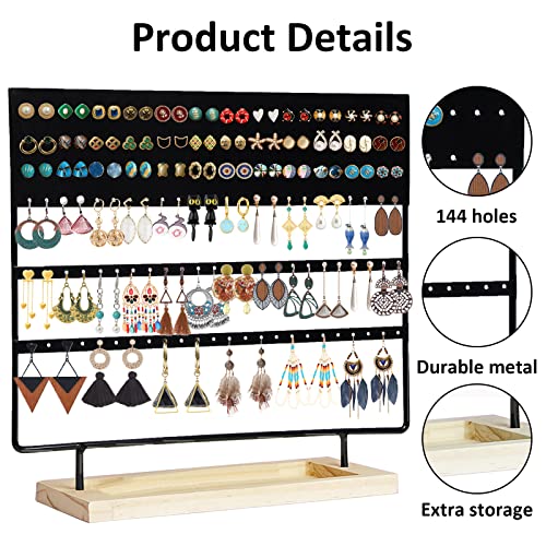 Earring Holder Organizer Stand - Earrings Display Rack 145 Holes Jewelry Holder Tower with Wooden Tray for Earrings Rings Black - color: Black