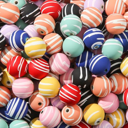 20mm Acrylic Beads 180pcs Chunk Bubblegum Bead 20mm Multicolor Beadable Pen Ball Beads for Pen Bag Jewelry Making Necklace Bracelets (Color&White line) - color: color&white line