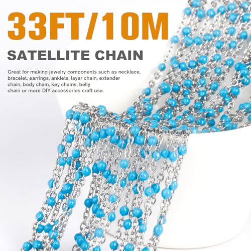 33 Feet Stainless Steel Enamel Chains Bulk, 2mm 304 Stainless Steel Light Blue Enamel Beaded Cable Link Chain Roll Spool for Jewelry Making - color: Stainless Steel Light Blue Beads