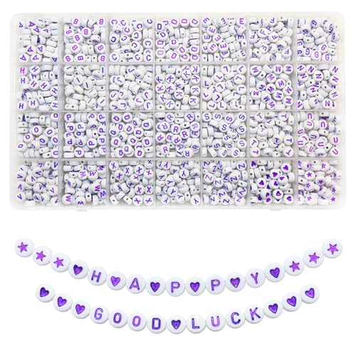 Looconi 1400pcs Purple Letter Beads 7x4mm and Heart Star Alphabet Beads for Jewelry Making - color: Purple