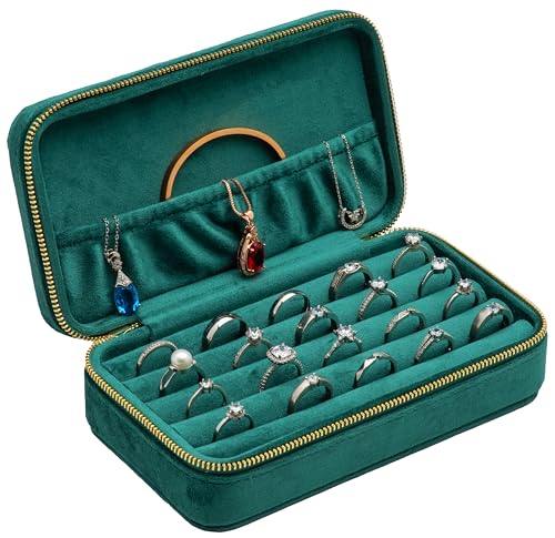 Velvet Multiple Ring Box Jewelry Organizer Display Tray with Zipper Around Earring Holder Case for Wedding Birthday (Green) - color: Green