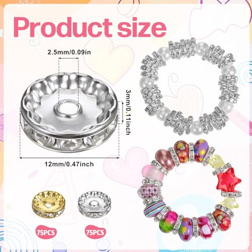 SULIKJHUI 150 Pcs Spacer Beads 12mm, Gold and Silver Spacer Beads for Bracelets, Jewelry Making, 2.5mm Hole & 3mm Height, Iron with Rhinestones (0.47 Inch Outer Diameter) - color: Gold + Silver