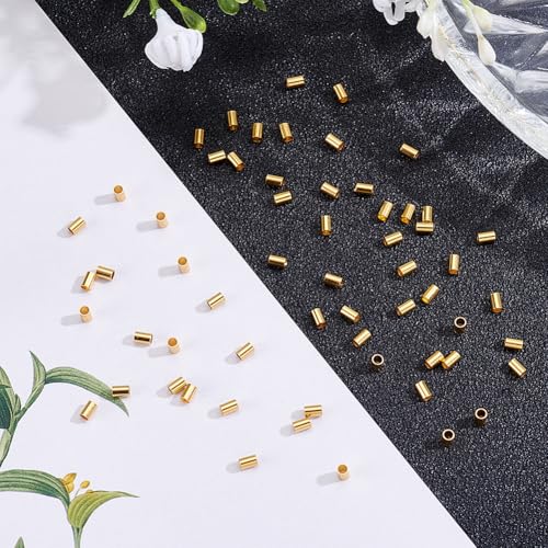 Beebeecraft 1 Box 300Pcs Tube Crimp Beads, 3x2mm Golden Stainless Steel Column Positioning Stopper Crimp Beads Cord End for Jewelry Making Bracelet Necklace - size: 3x2mm