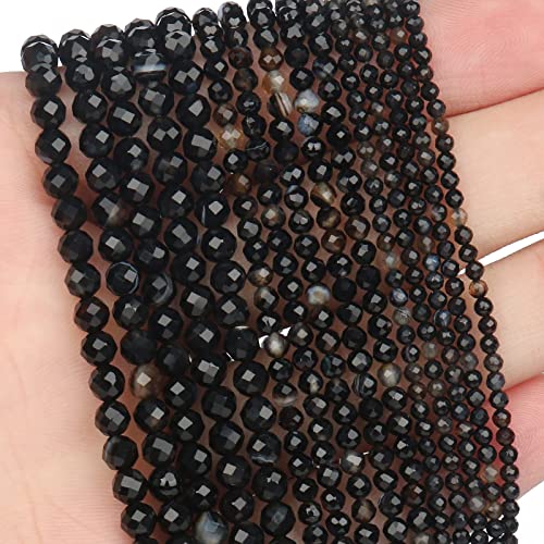 180pcs 2mm Natural Black Striped Agate Gemstone Beads Faceted Round Loose Stone Beads for Jewelry Making - color: Black Striped Agate, size: 1.9-2.4mm