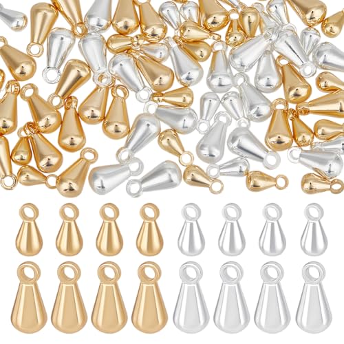 Beebeecraft 1 Box 80Pcs Teardrop Charms Dangle End Beads Extender Chain Drop Water Charms for Jewelry Making Findings - color: Gold and Silver, size: 6x3mm/8x4mm