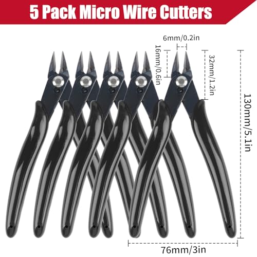 5 Pack Micro Wire Cutters, 5 Inches Flush Cutters Pliers, Diagonal Side Cutters Nippers, Zip Tie Sprue Cutter for Electronics, Plastic Models, Jewelry (Black) - color: Black
