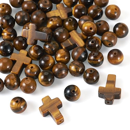 Beadthoven 52pcs Cross Stone Beads 8mm Tiger Eye Beads Natural Stone Gemstone Beads Loose Round Cross Spacers Easter Mini Bead Crucifix Beads for Bracelets Necklace Jewelry Making DIY - color: Tiger Eye