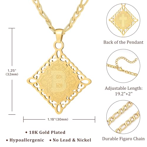 LETFLY Initial Necklaces for Women Men, 18K Gold Plated Letter Cross Pendant Necklace Alphabets A-Z Figaro Chain Jewelry Gifts - color: Rhombic, style: Letter B