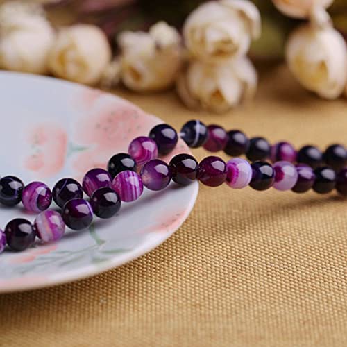 62Pcs Natural Crystal Beads Stone 6mm Purple Stripe Onyx Agates Gemstone Round Loose Energy Healing Beads for Bracelet Necklace Earrings Jewelry Making - color: Purple, size: 6MM
