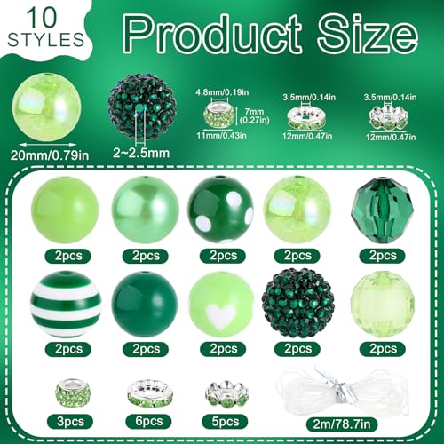 35 Pcs Chunky Bubblegum Beads 20mm Focal Pen Large Rhinestone Pearl Bead with Rhinestone Large Hole European Spacer Bead for DIY Beadable Pen School Jewelry Making Keychain Craft Making(Green) - color: Green