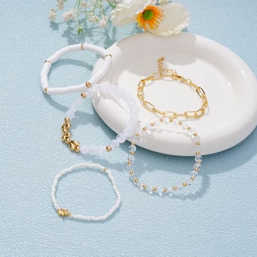 RISHEGAE Heishi Beaded Stretch Bracelets for Women Stackable Polymer Clay Beads Bracelets Friendship Boho Summer Beach Bracelet Jewelry Set - color: B-White Link