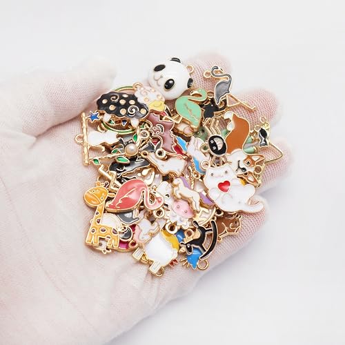 100pcs(50PAIRS) Assorted Animal Enamel Pendants Charms Dog Cat Bee Flamingo Giraffe Unicorn Enamel Charms for Bracelet Earring Necklace Making