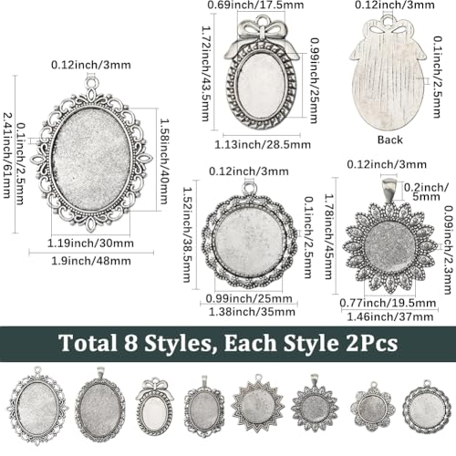 SUNNYCLUE 1 Box 16Pcs 8 Styles Silver Oval Bezel Pendant Trays Antique Metal Tibetan Alloy Blank Base Cabochons Round Frame Tray Pendants for Jewelry Making Photo Findings Necklace DIY Craftings - style: Style 1