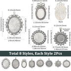SUNNYCLUE 1 Box 16Pcs 8 Styles Silver Oval Bezel Pendant Trays Antique Metal Tibetan Alloy Blank Base Cabochons Round Frame Tray Pendants for Jewelry Making Photo Findings Necklace DIY Craftings - style: Style 1