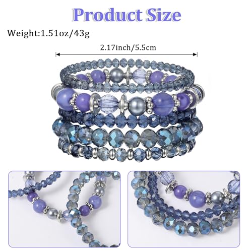 5Pcs Beaded Bracelets for Women, Bohemian Glass Faceted Crystal Beads Bracelet, Stackable Boho Disco Ball Stretch Bracelets, Multilayered Purple Jewelry Gift for Women, Mother's Day - color: Blue