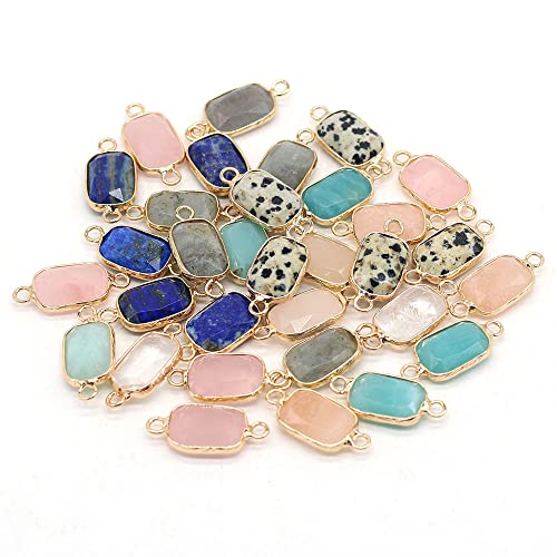 LHJ 7 Pcs Natural Stone Connectors Rectangle Shape Healing Crystal Double Loop Charms for Jewelry Making Necklace Bracelet
