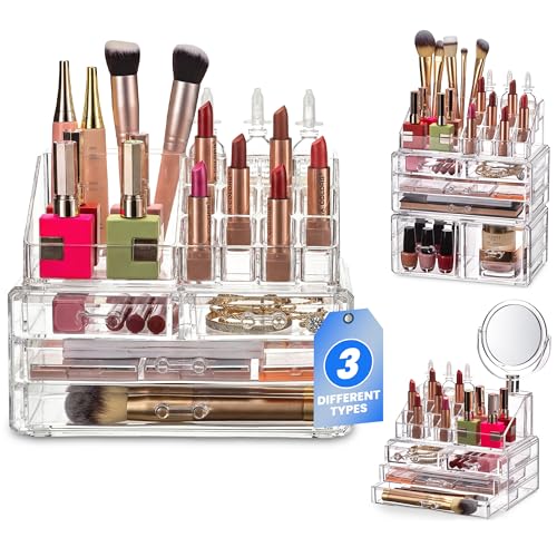 Masirs Clear Makeup Organizer - 16-Compartment Cosmetic and Jewelry Holder with 4 Drawers - Vanity Storage Box for Makeup, Skincare, Accessories, and Jewelry Display - size: 4-drawer | 16 Compartments