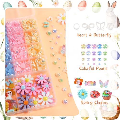 Sosation 3000 Pcs Junk Case Charms Kit, Pastel Pearls Resin Charms Cute Bedazzling Kit for Phone Case Decoration Spring Summer Bunny Sunflower Daisy Butterfly for Cellphone Nail DIY Craft Making