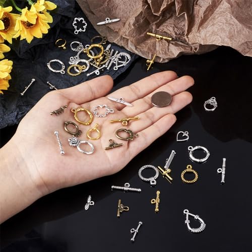 Craftdady 120 Sets Antique Silvery Toggle Clasps - Tibetan T-Bar Closure With Connectors for Bracelet Jewelry Crafts Making (Ring, Drop, Heart, Flower, Crown) - color: 11 Styles, Antique Bronze, Silver, Gold