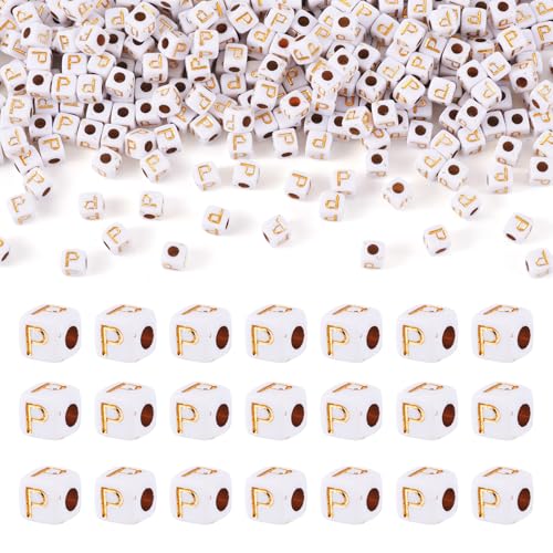 FASHEWELRY 500Pcs White Golden Letter Beads 4.5mm Square Alphabet Beads Acrylic Cube Letter P Beads for Friendship Bracelet Necklace Keychains Jewelry Making - color: Letter P