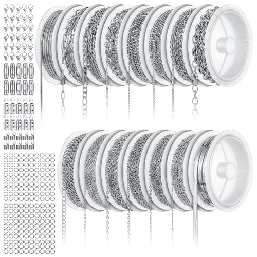 Afcabakila 15 Rolls Necklace Chains Stainless Steel Jewelry Chains Kit 118 Feet Silver for Jewelry Making DIY Necklace Bracelet Making with Jump Rings Lobster Clasps and Connectors