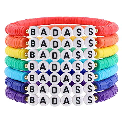 Rainbow Heishi Surfer Bracelets Set for Women Stackable Clay Beaded Bracelets Disc Stretch Preppy Bracelets Layering Colorful Friendship Bracelets Team Cheer Bulk Boho Summer Beach Jewelry Gift - style: BADASS
