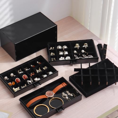 YUFONG Earring Organizer Box Acrylic Jewelry Organizer with 3 Drawers 54 Adjustable Grids Clear Stackable Earring Holder Velvet Trays Ring Display Case for Women Girls (Black Black) - color: Black Black