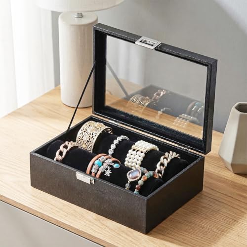 Bracelet Display Holder with Rods for Bangles Watches, Jewelry Organizer Box Storage Case with Clear Lid (Black) - color: Black