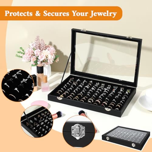 2 Pcs 100 Slots Ring Organizer Box with Transparent Glass Lid, Velvet Jewelry Display Case for Rings, Necklaces, Earrings Storage, Black