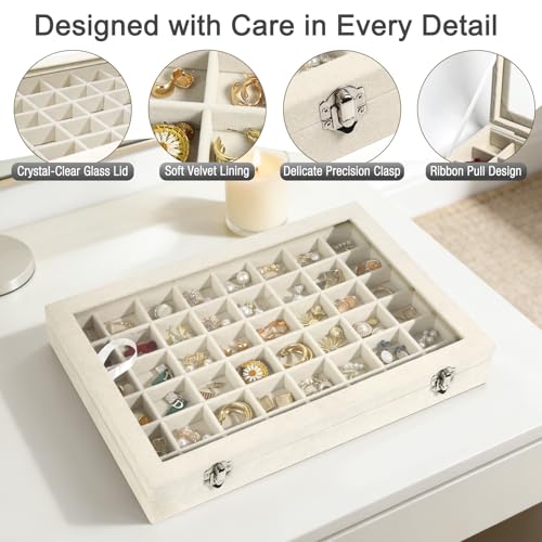 48 Grid Velvet Stud Earring Organizer Storage Tray, Adjustable Earring Holder Organizer with Clear Lid, Jewelry Display Box for Earrings, Rings, Necklaces and Studs, Gift for Women and Girls