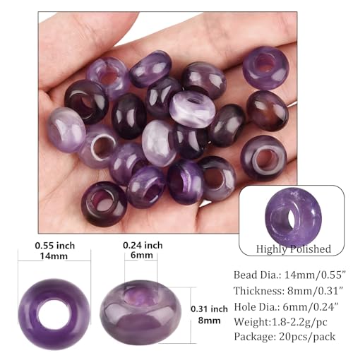 20Pcs Natural Amethyst Large Hole Beads, 8x14mm Rondelle Gemstone Spacer Beads 6mm Big Hole for Jewelry Making, Beading Bracelets, Macrame & Hair Braiding - color: Purple Amethyst