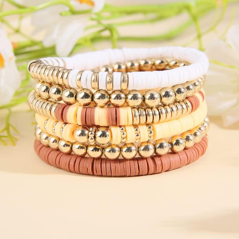 Pingyongchang Heishi Gold Beaded Bracelets Set for Women Men Bohemian Polymer Clay Colorful Surfer Vinyl Disc Stretch Layering Stackable Friendship Boho Bracelet Summer Beach Jewelry Gifts - color: Brown