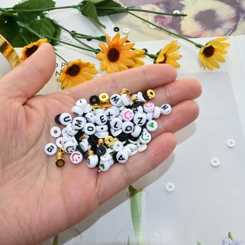 Looconi 3800pcs Beading Kits Letter Beads A-Z Clay Beads Gold Spacer Beads Smiley Beads and Heart Beads for Jewelry Making - color: LetterClayWhiteBlakc