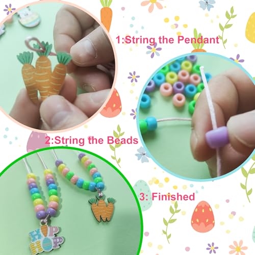 Twelcshyp 24 Sets Easter Beads Necklace Bulk DIY Easter Craft Kit Bunny Chick Egg Carrot Wood Charms Color Pastel Beads for Party Favors Classroom Supplies