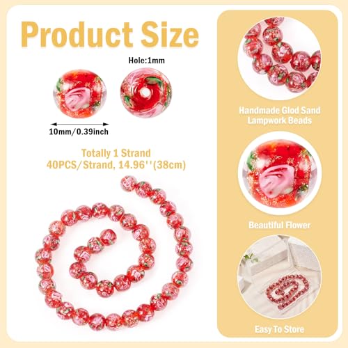 Elecrelive 40Pcs 10mm Flower Glass Beads Gold Sand Lampwork Beads FireBrick Floral Round Crystal for DIY Bracelet Necklace Earring Jewelry Making - color: FireBrick