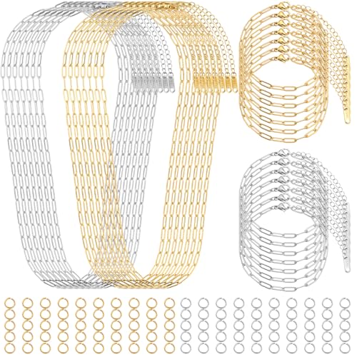Comkrivy 128 Pcs Charm Bracelet Necklace Kit, 18K Gold & Silver Plated Chains, Adjustable Charm Bracelet Chain Necklace Set for DIY Jewelry Making, Includes 100 Pcs Open Jump Rings