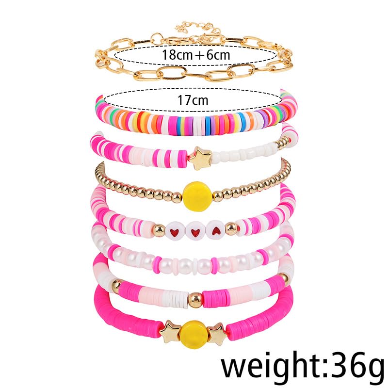 COLORFUL BLING 5-12Pcs Bohemian Love Heart Bead Bracelets for Women Vinyl Disc Heishi Surfer Stackable Stretch Bracelet Summer Beach Boho Jewelry - color: 8pcs pink face