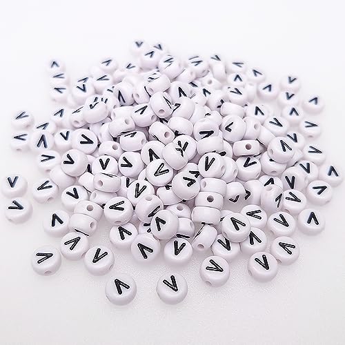 200+ Pieces 4x7mm Single V Letter Beads for Jewelry Making, White Round Acrylic Bulk Alphabet (Black on White) - size: Single letter V 200+ Pcs