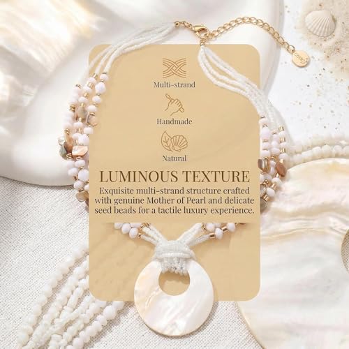 Coiris Shell Pendant Statement Strand Necklace for Women Boho Multi Beads Natural Stone Colorful Necklace Bohemian Handmade Chunky Shell Beaded Collar Jewelry for Women - color: White