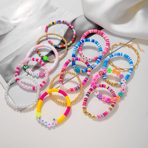 Friendship Bracelets Boho Stackable Bracelets for Women Surfer Heishi Clay Bead Bracelets Stretch Preppy Bracelets Colorful Boho Bracelets for Women - color: 14pcs HAPPY