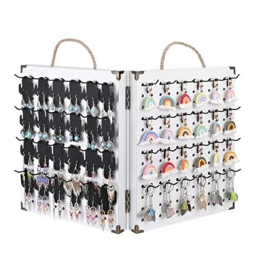 MOOCA Wooden Foldable and Portable 2 Panel Pegboard Jewelry Display Organizer with 48 Removable Black Metal Hooks & Convenient Rope Handle for Easy Carrying, Dual-Sided Panels for Hanging, White Color - color: White