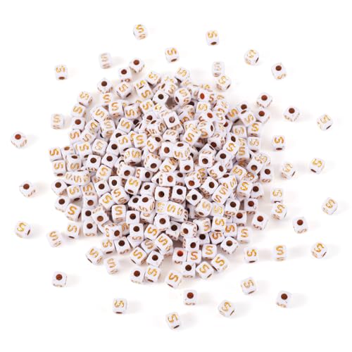 FASHEWELRY 500Pcs White Golden Letter Beads 4.5mm Square Alphabet Beads Acrylic Cube Letter S Beads for Friendship Bracelet Necklace Keychains Jewelry Making - color: Letter S