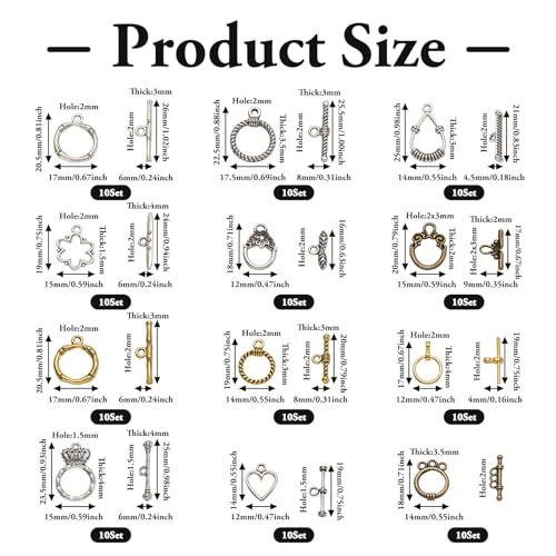 Craftdady 120 Sets Antique Silvery Toggle Clasps - Tibetan T-Bar Closure With Connectors for Bracelet Jewelry Crafts Making (Ring, Drop, Heart, Flower, Crown) - color: 11 Styles, Antique Bronze, Silver, Gold