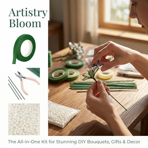 DIY Handmade Floral Art Tool Set, Money Flower Bouquet Making Kit Including ABS Pearls, Metal Wire, 2-Millimeter Diameter Flower Stems, Scissors, Pliers and Green Tape