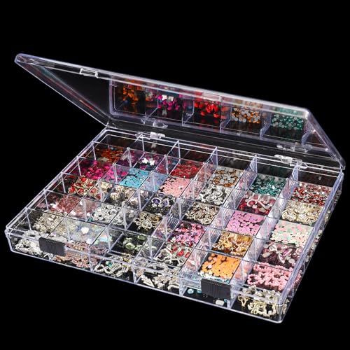 Noverlife 36 Grids Clear Plastic Jewelry Organizer Box, Nail Charm Holder Double Buckle Bead Organizer Storage Container Box, Empty Nail Box Organizer Earring Display Case Acrylic Bead Box for Women - size: 36 Grids - 1 Pack