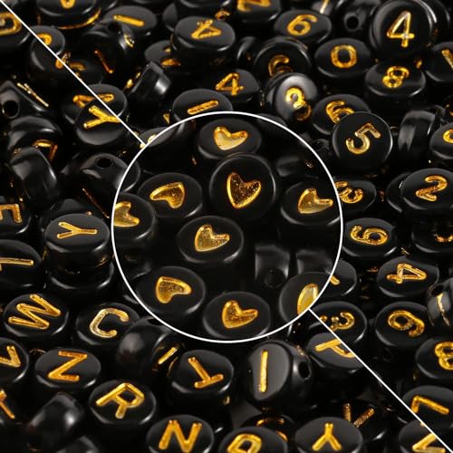 1000pcs Black Mixed Round Acrylic Beads 4x7mm Gold Alphabet Number Heart Shape Bead for Jewelry Making and DIY Bracelets - color: Black/Gold Letter&Number&Heart, size: 4x7mm